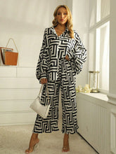 Women Geometric Print Bat Sleeve Shirt And Wide Leg Pants Casual Suit, Autumn